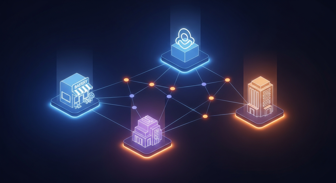 Interconnected AI agents communicating with business endpoints — from bakeries to office buildings